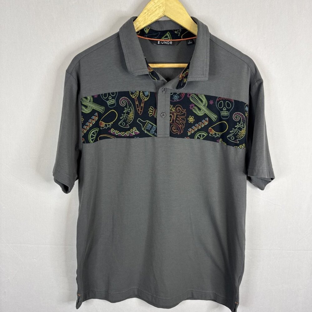 2UNDR Men’s L Don Julio Polo Shirt Gray Mexican Skull Day of the Dead Graphic